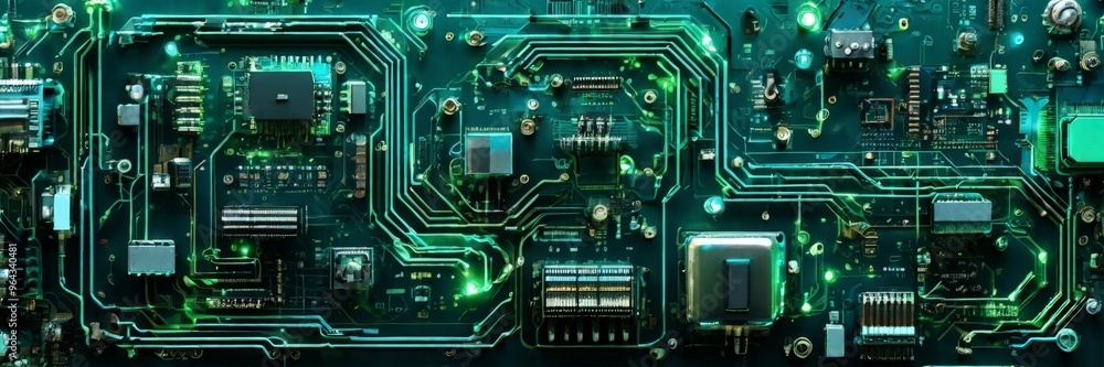 Poster a detailed view of a computer circuit board, with various electronic components and traces of green 