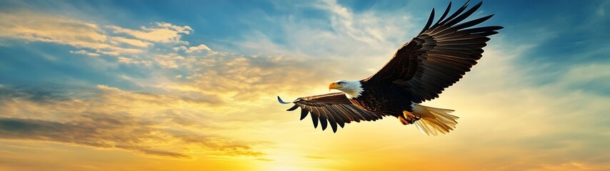 Obraz premium Majestic Eagle Soaring Over Golden Sunrise - Symbol of Freedom and Aspirations