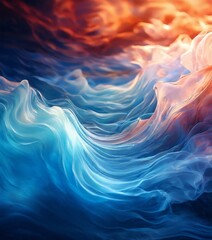 Fototapeta premium a swirling, abstract pattern of blue, orange, and white hues, resembling the movement of water or smoke.