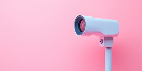 A modern blue telescope stands against a soft pink background, showcasing a unique design and artistic vibe.
