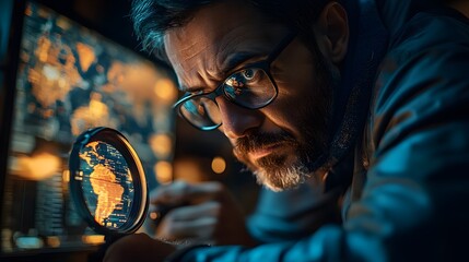 Cybercrime investigator analyzing a global network map, identifying vulnerabilities and tracing a hacker actions in real-time.