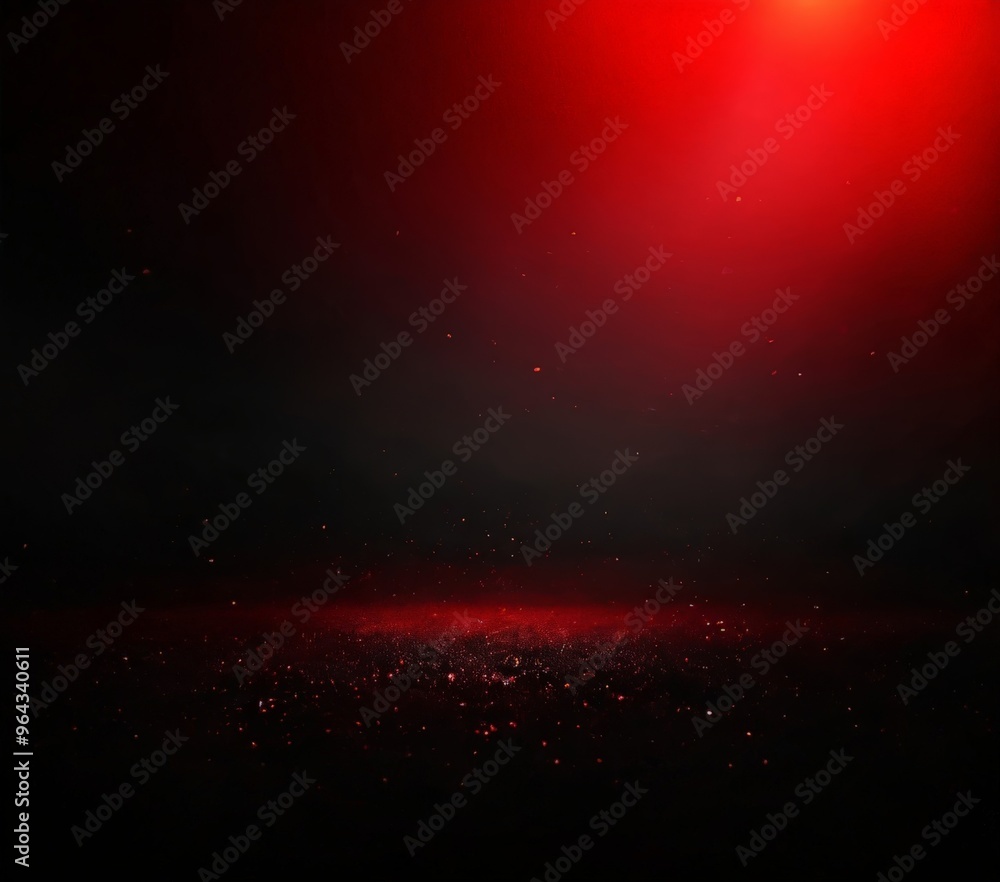 Poster a dramatic scene with a dark background, a red glow at the top right, and a scattering of small red 