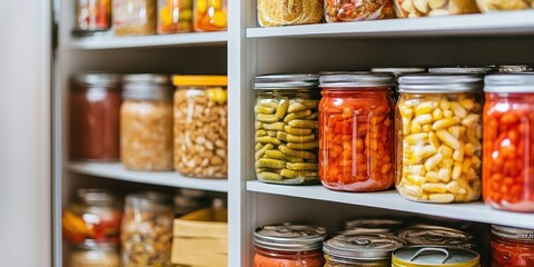 A neatly organized pantry shelf filled with glass jars of various preserved foods, showcasing vibrant colors and textures.