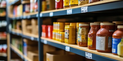 A neatly organized shelf displaying various jars and containers filled with colorful condiments and sauces.
