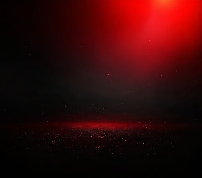a dramatic scene with a dark background, a red glow at the top right, and a scattering of small red particles or specks in the bottom right corner.