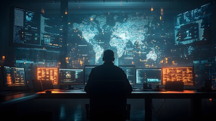 Obraz premium Cybersecurity experts in a high tech room, monitoring a hacker activity on a digital network with glowing maps and breach alerts.