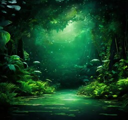 Naklejka premium A lush, verdant forest with a tranquil pond at its center, surrounded by an abundance of green foliage and glowing with a mysterious, ethereal light.