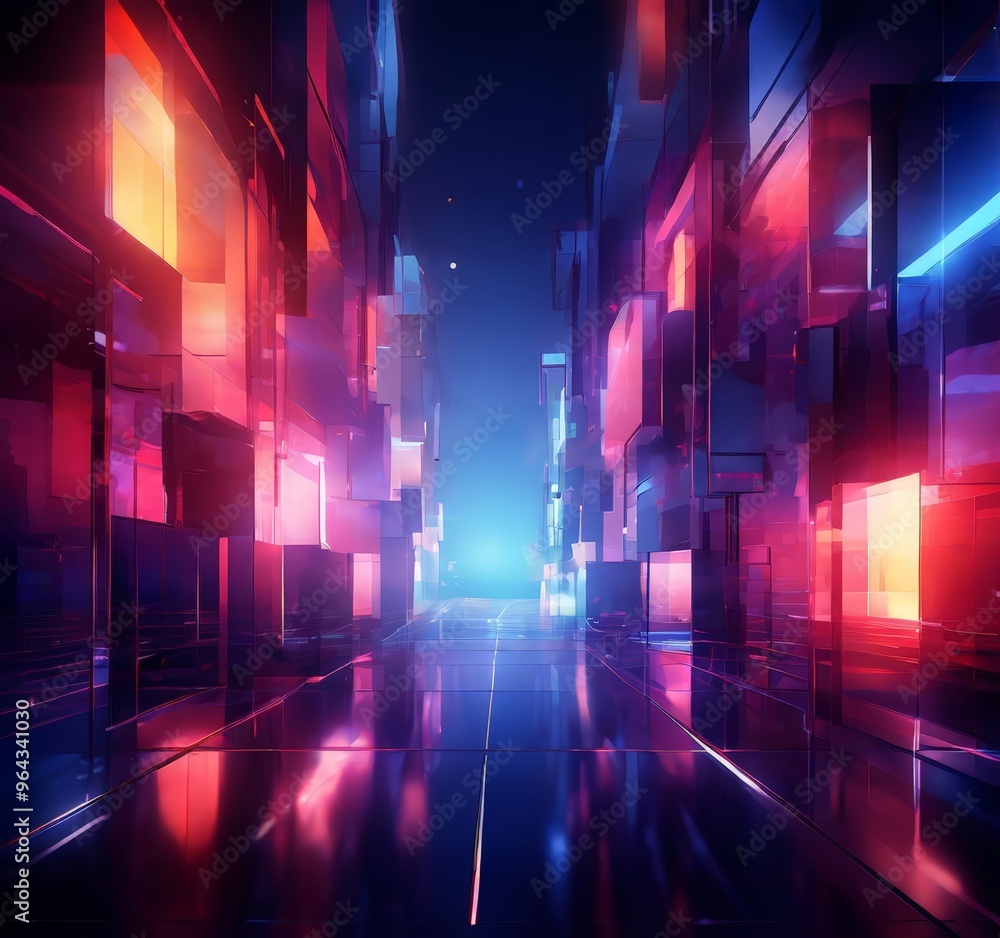 Poster futuristic cityscape, characterized by towering structures composed of numerous cubes, each exhibiti