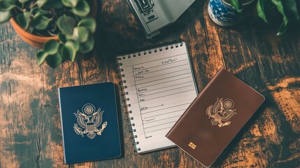 Travel essentials with two passports and a planner on a wooden table. Ready for the next adventure. Top view, travel planning concept.