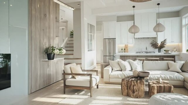 A bright and airy coastal-inspired living room featuring a large white sectional sofa, natural wood accents, and minimalist decor. 