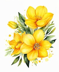A vibrant bouquet of yellow flowers with green leaves, set against a white background.
