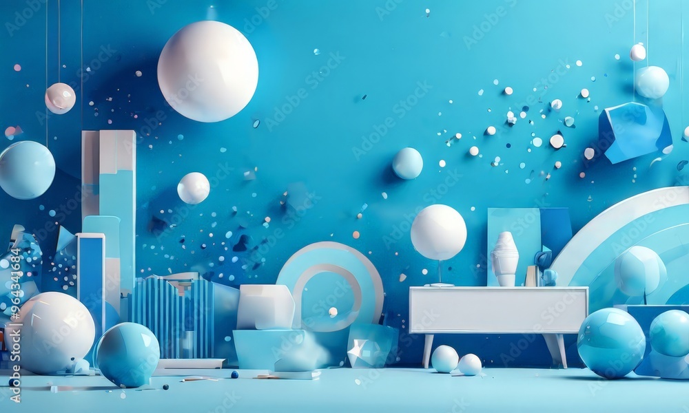 Poster room filled with various objects, predominantly in shades of blue and white, creating a visually str