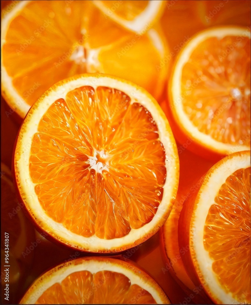 Poster sliced oranges arranged in a circular pattern, with a reflection visible in the background.