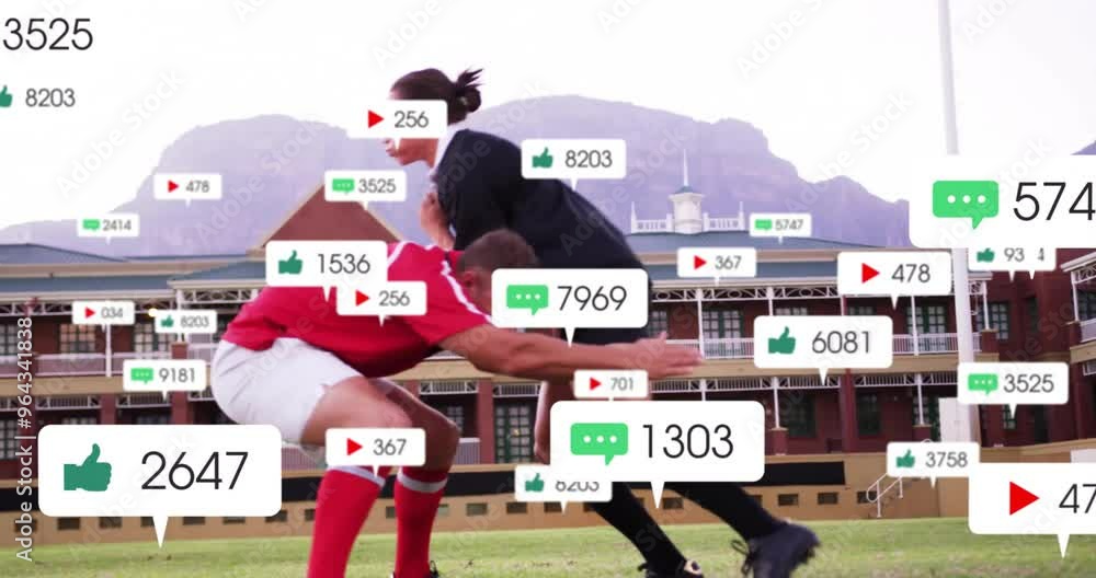 Poster animation of icons and data processing over diverse rugby players