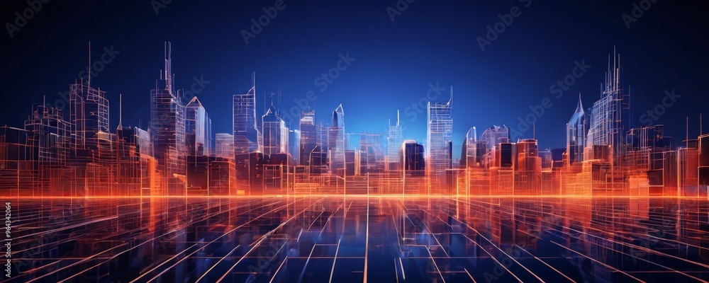 Poster a futuristic cityscape with tall buildings and a grid-like pattern of lights reflecting on a body of
