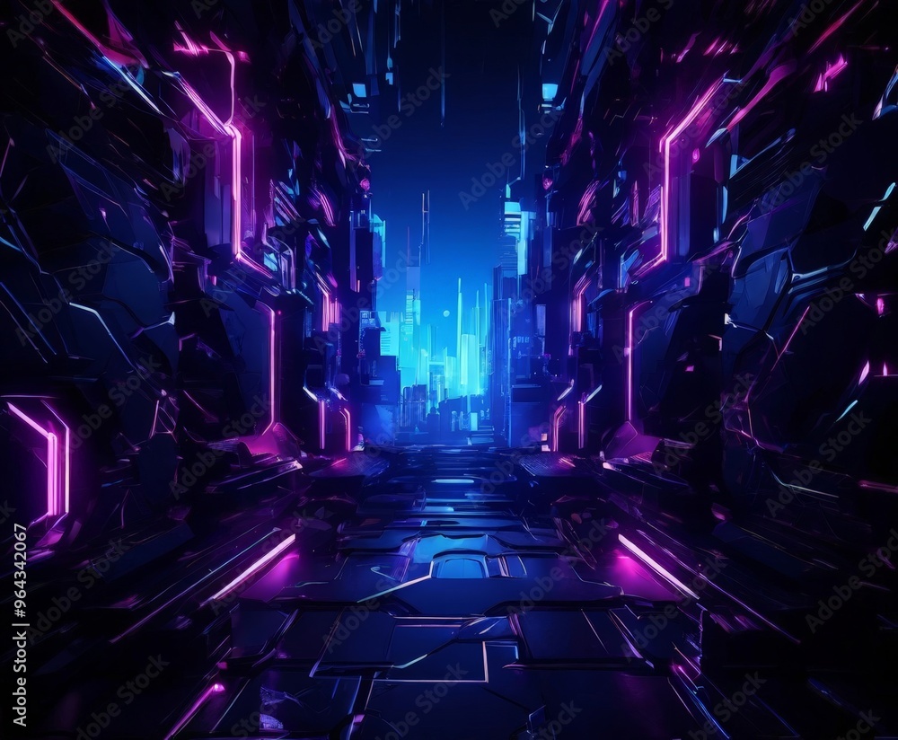 Poster futuristic cityscape, characterized by a network of glowing lines and structures that dominate the s
