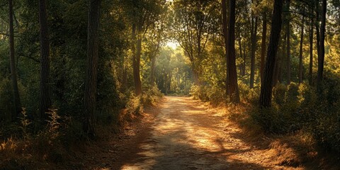 Obraz premium A serene forest path illuminated by sunlight, surrounded by tall trees and lush greenery, ideal for nature lovers and outdoor enthusiasts.
