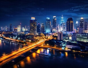 Obraz premium A panoramic view of Bangkok's skyline at night, featuring illuminated skyscrapers and a busy highway with traffic lights.