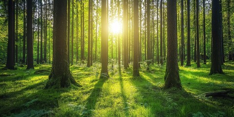 A serene forest scene with sunlight filtering through tall trees, illuminating vibrant green undergrowth and creating gentle shadows.