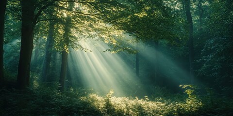 Obraz premium A serene forest scene with sun rays streaming through lush trees, creating a peaceful and enchanting atmosphere.