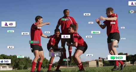 Animation of icons and data processing over diverse rugby players - Powered by Adobe