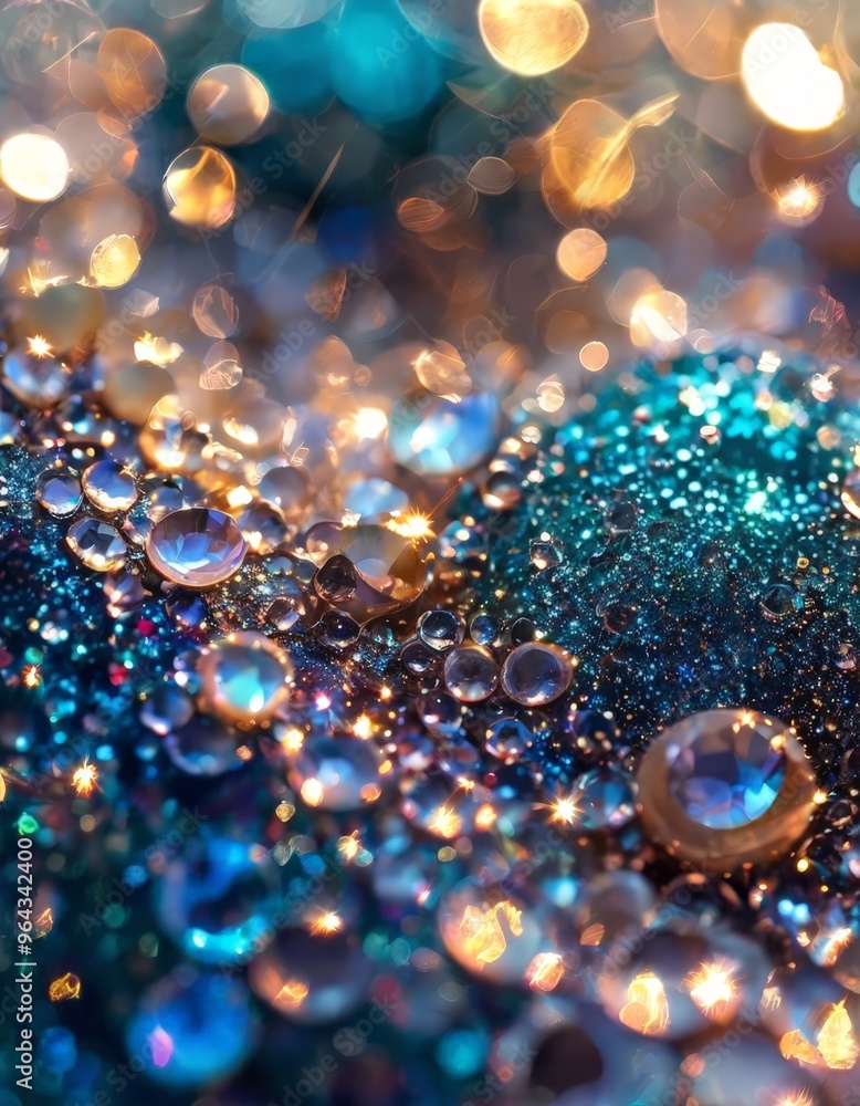 Poster a close-up view of a collection of colorful, sparkling water droplets on a textured surface, with a 