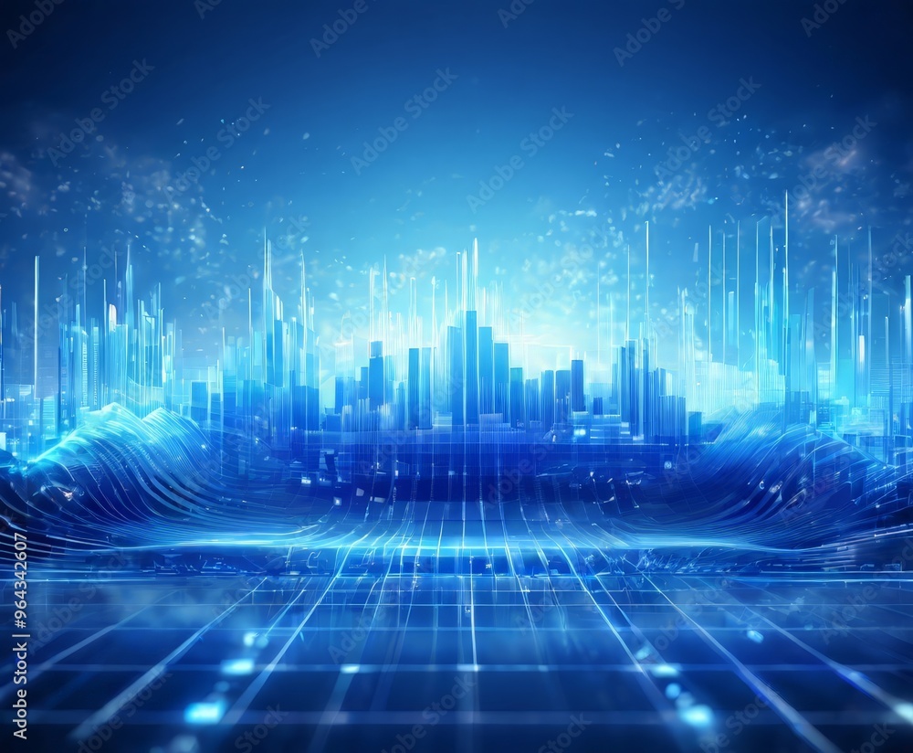Poster futuristic cityscape, characterized by a grid-like pattern of blue lines and a wave-like structure i