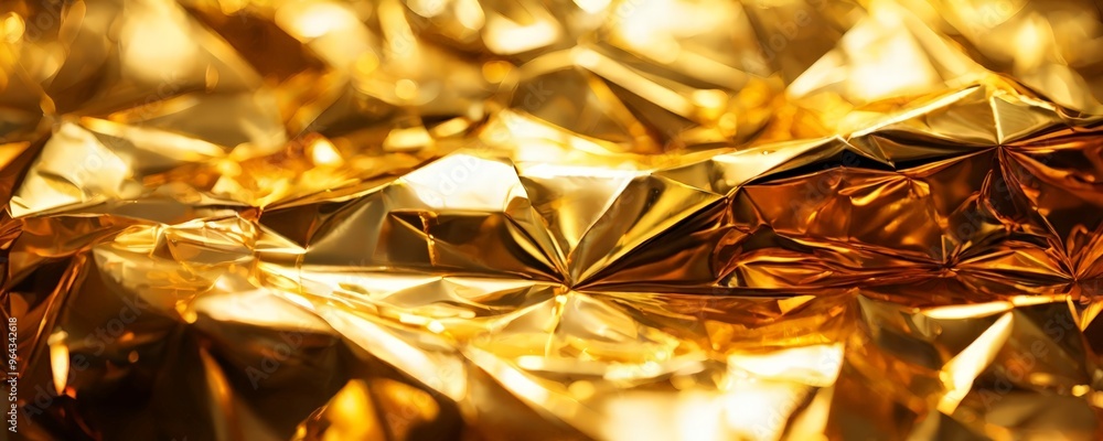 Poster a close-up view of crumpled gold foil, showcasing its shiny, reflective surface and intricate patter