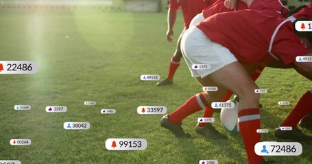 Animation of icons and data processing over diverse rugby players - Powered by Adobe
