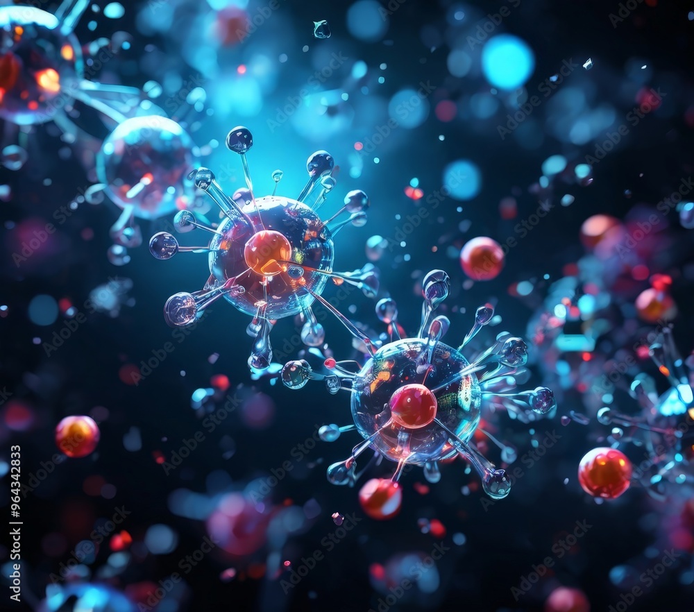 Poster a complex molecular structure composed of numerous interconnected spheres, each exhibiting a unique 