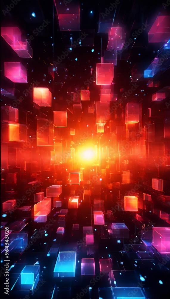 Poster digital art piece featuring a multitude of glowing cubes in various colors, creating a vibrant and d