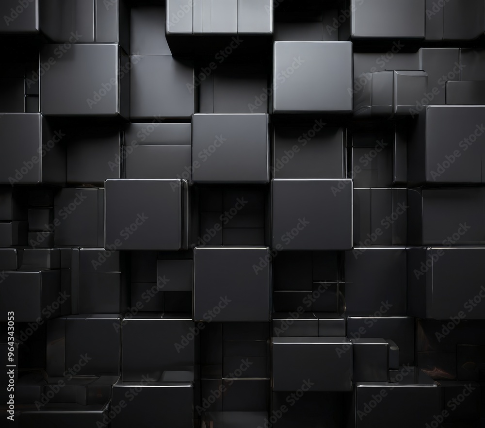 Poster a a dark, abstract background composed of numerous black cubes arranged in a grid-like pattern.
