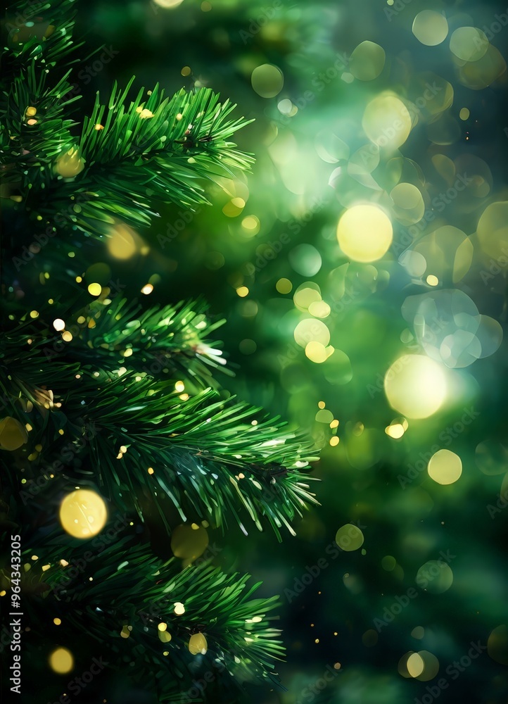 Poster a close-up view of a christmas tree branch with green needles and golden lights, creating a warm and