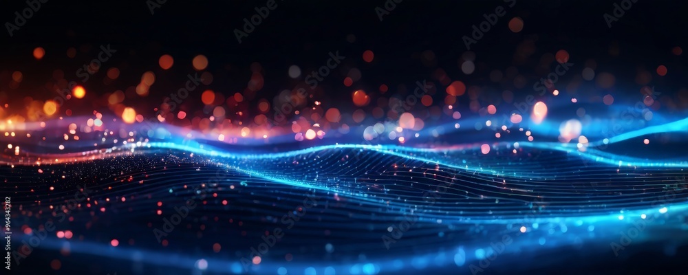 Poster digital art piece featuring a wave-like pattern with a blue and orange color scheme, accompanied by 