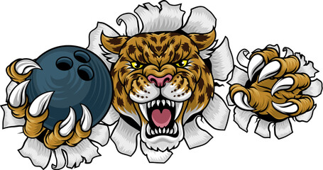 A jaguar, panther, leopard or cheetah wildcat spotted cat bowling sports team mascot holding a ball © Christos Georghiou