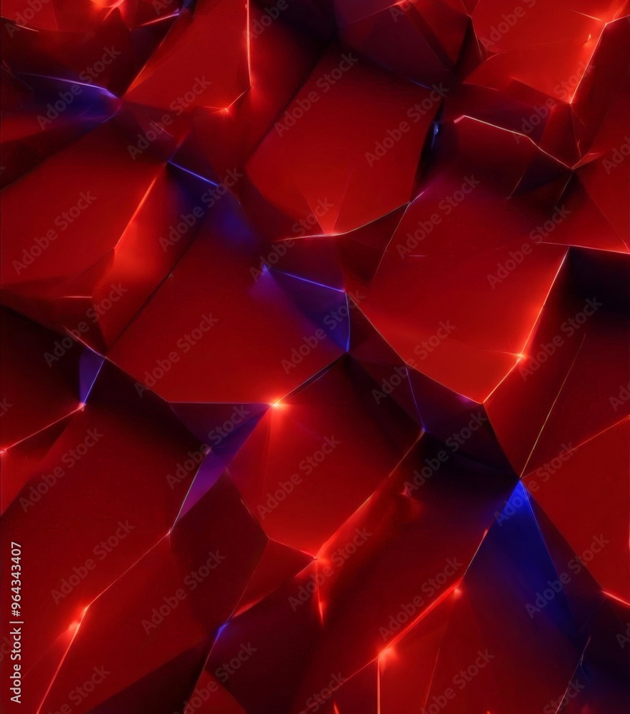 Poster complex arrangement of red and blue geometric shapes, creating a visually striking and abstract comp
