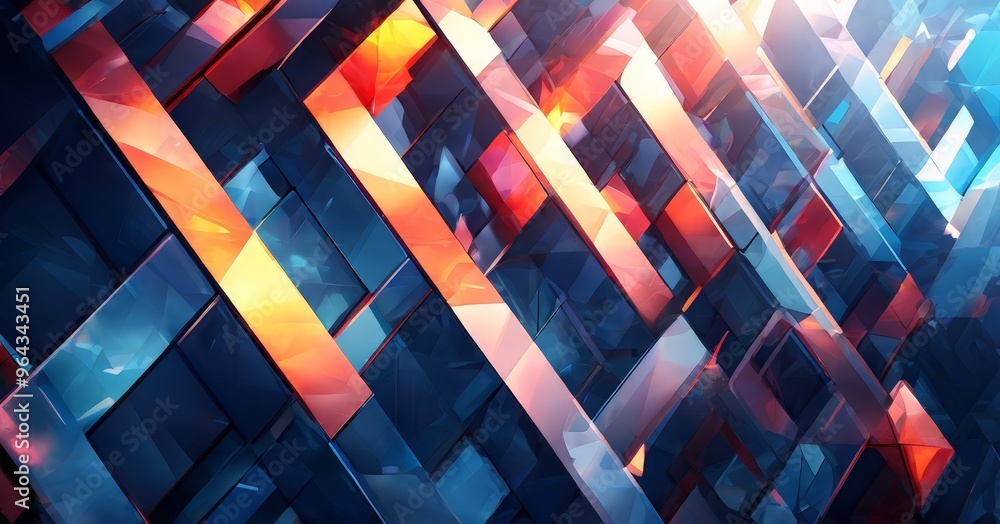 Poster a digital art piece featuring a complex arrangement of intersecting lines and shapes in various shad