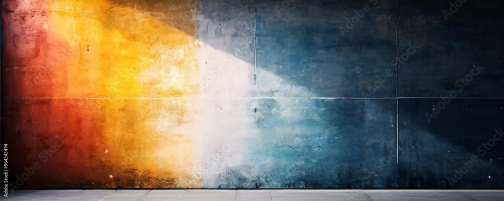 Poster a vibrant abstract painting on a concrete wall, featuring a gradient of colors from red to blue, wit