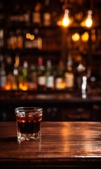 A glass of amber-colored liquid, possibly whiskey or bourbon, sits on a wooden bar counter, with a blurred background of various liquor bottles and a warm, dimly lit ambiance.