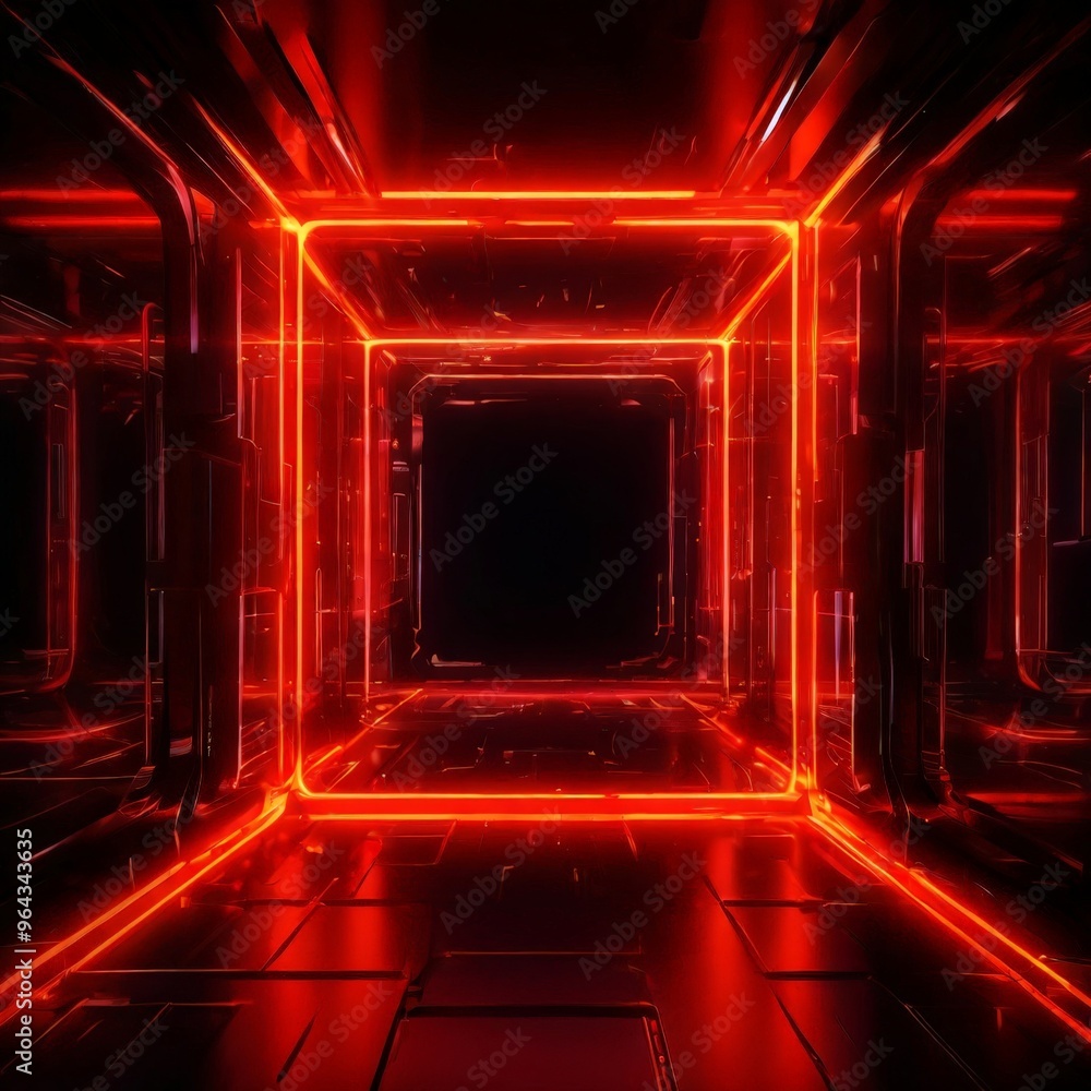 Poster a futuristic corridor with a glowing red neon light at the end, creating a sense of depth and myster