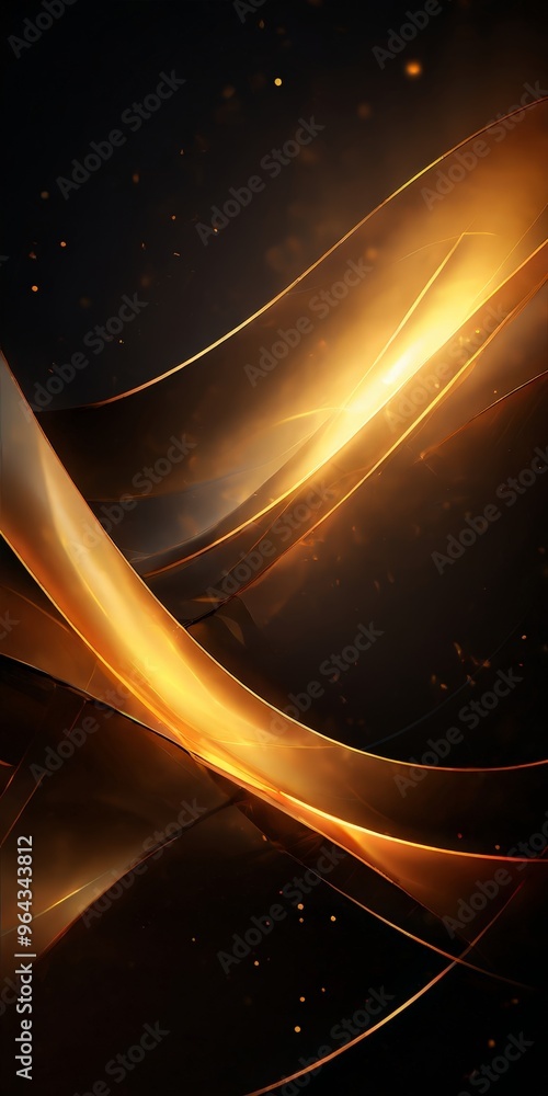 Poster striking abstract composition of golden lines and shapes against a dark background, creating a sense