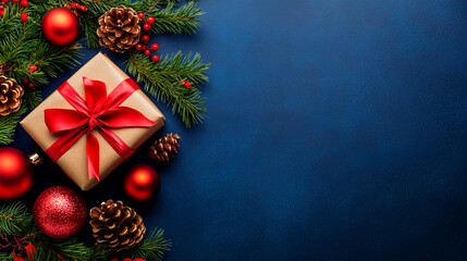 Christmas flat lay featuring wrapped gift with red bow, pinecones, red ornaments, and evergreen branches on a blue background with lights. Copy space. Top view.