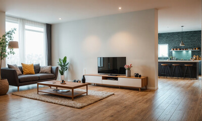 Interior of light living room with sofa and glucophone on table