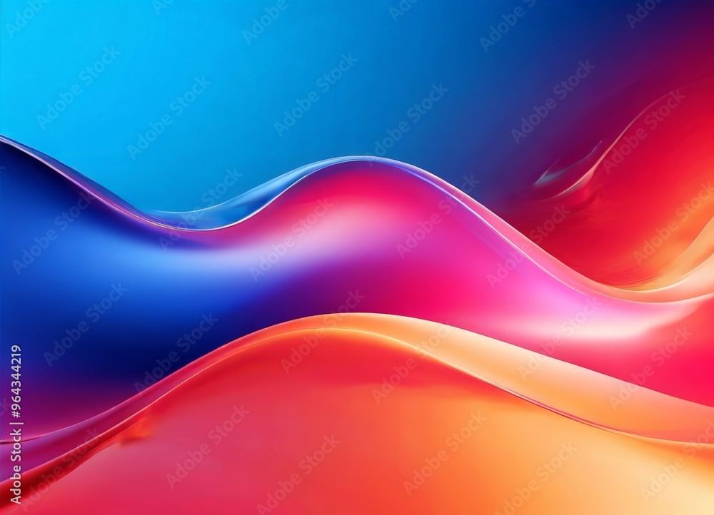 Poster vibrant abstract composition of overlapping curved lines in various shades of blue, pink, and orange