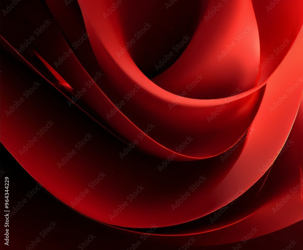Poster close-up view of a red ribbon, showcasing its flowing and curving texture. the ribbon's color is vib