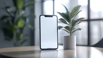 Modern smartphone with blank screen standing next to a small potted plant on a wooden table, with blurred background in a contemporary setting.