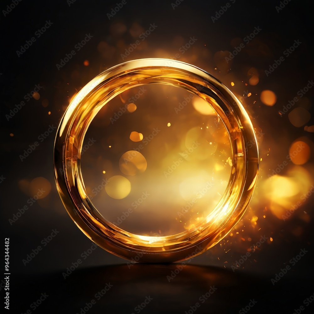 Poster a golden ring with a reflective surface sits on a reflective surface, surrounded by a bokeh of golde