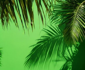 Obraz premium a close-up view of a green wall with palm leaves casting shadows on it.