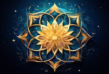 symmetrical mandala design with a golden center and intricate patterns surrounding it, set against a dark blue background with twinkling stars.