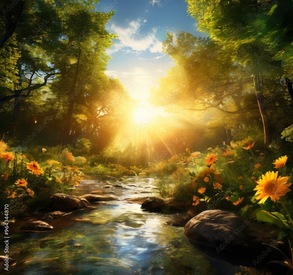 Poster a serene forest stream flows through a vibrant landscape, with sunbeams filtering through the trees 